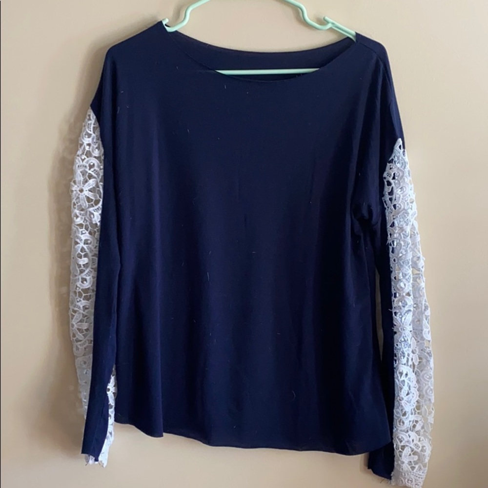 Lace long sleeve T-shirt navy&white
